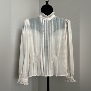 Vintage 70s 80s Sheer Ivory blouse pleated lace Prairie 7/8 Medium￼ BEAUTIFUL!